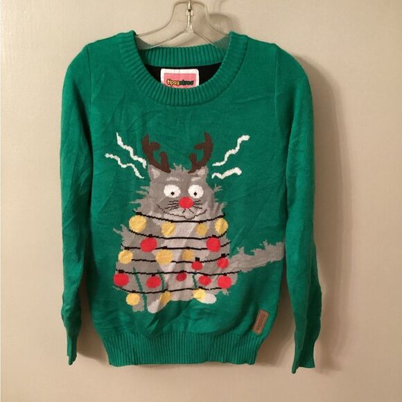 TIPSY ELVES SZ SMALL UGLY CHRISTMAS SWEATER ELECTROCUTED CAT - Picture 4 of 8
